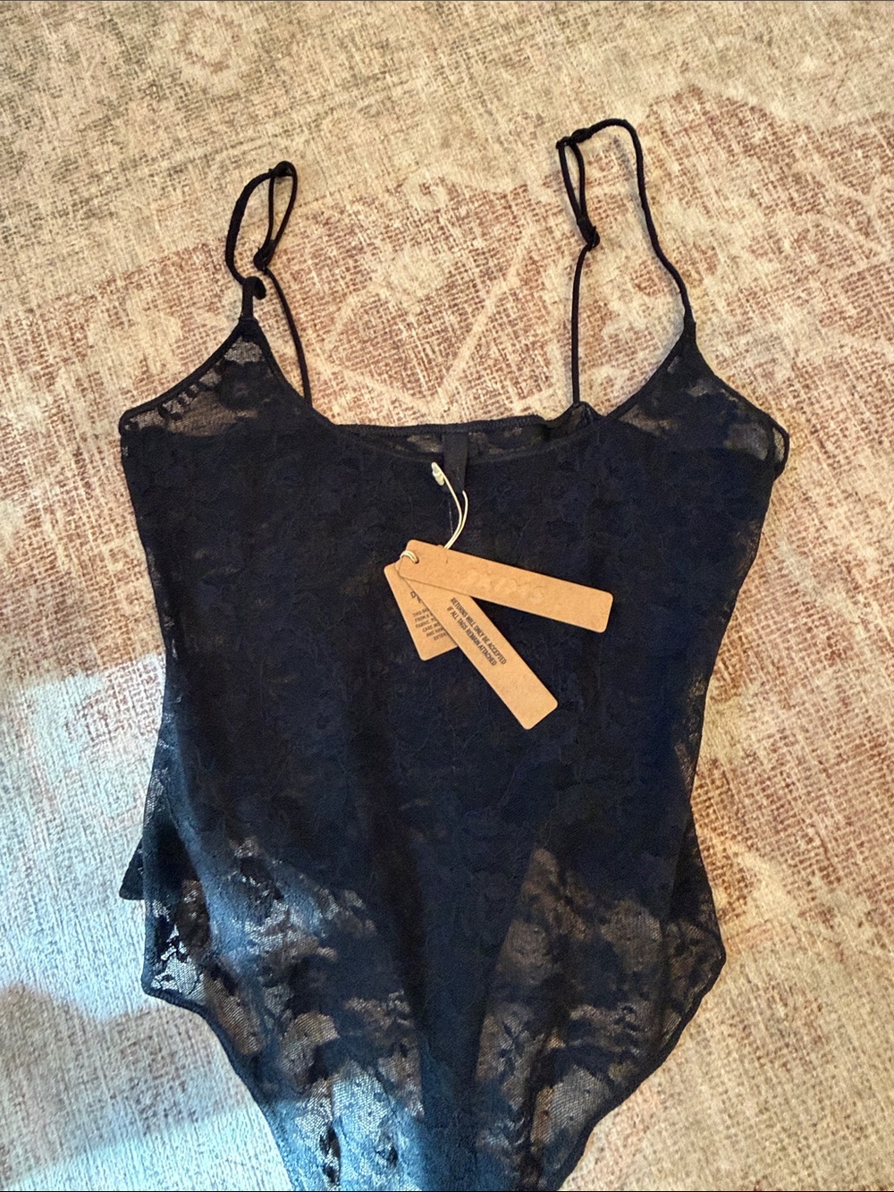 SKIMS Black Lace Cami Bodysuit with Spaghetti Straps